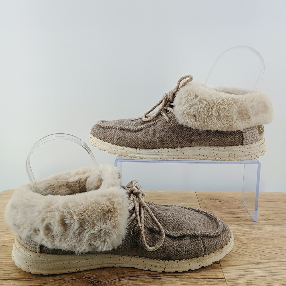 Hey Dude Wendy Fold Cozy Womens Size 8 Beige Nut Faux Fur Cuff Slip On Booties